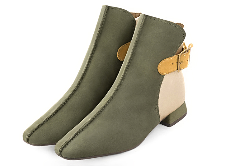 Khaki green, gold and mustard yellow women's ankle boots with buckles at the back. Square toe. Flat flare heels. Front view - Florence KOOIJMAN